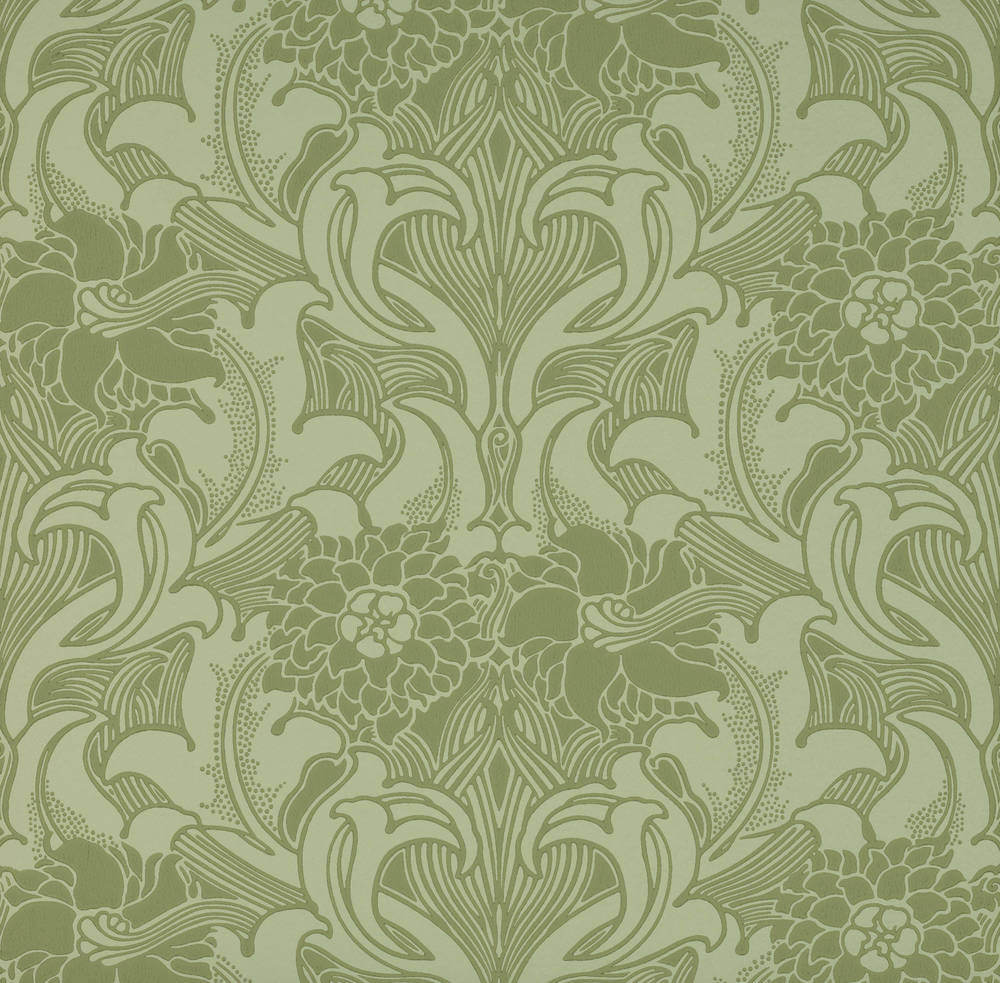 Behang Little Greene National Trust Papers III Dahlia Scroll Pea Green 1